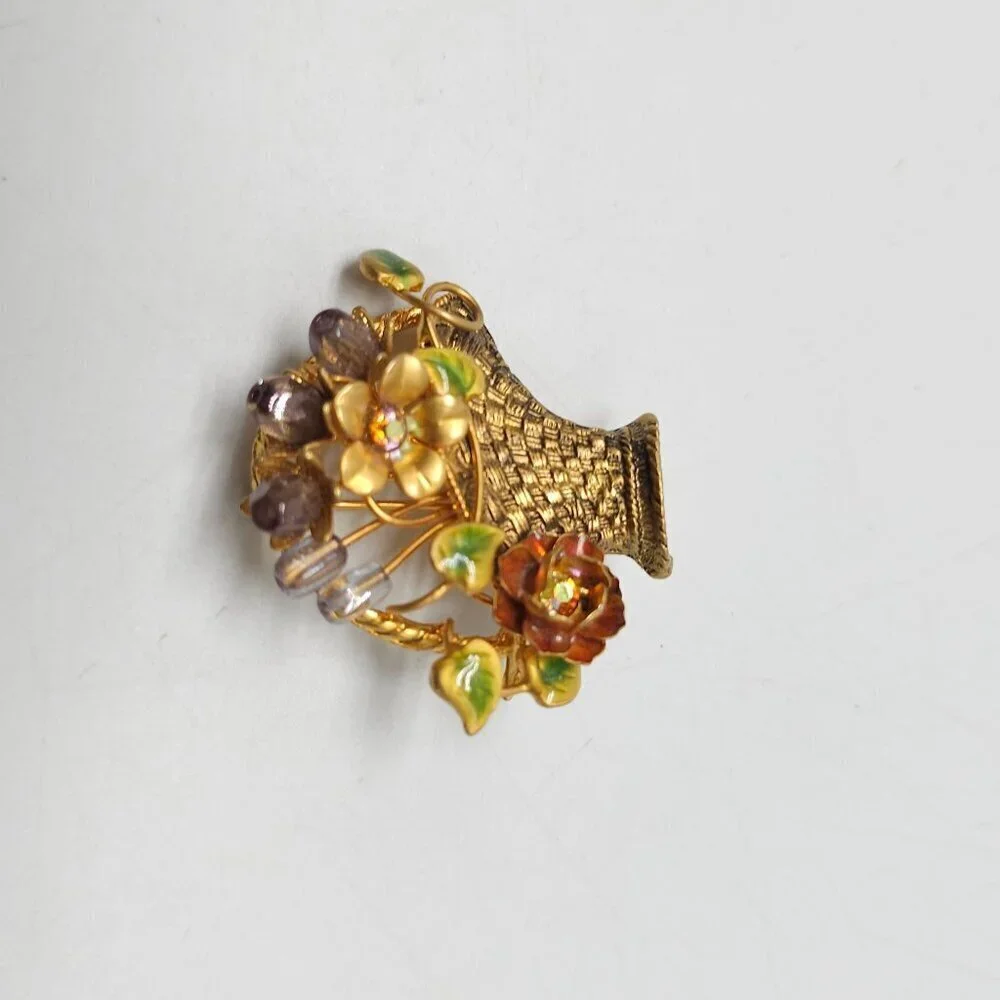 Vintage Floral Basket Brooch With Rhinestone Accents Enamel Details